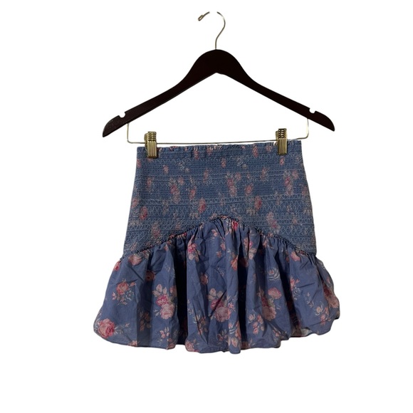 LOVESHACKFANCY Anguilla Floral Faded Denim Ruffle Mini Skirt - Picture 3 of 6